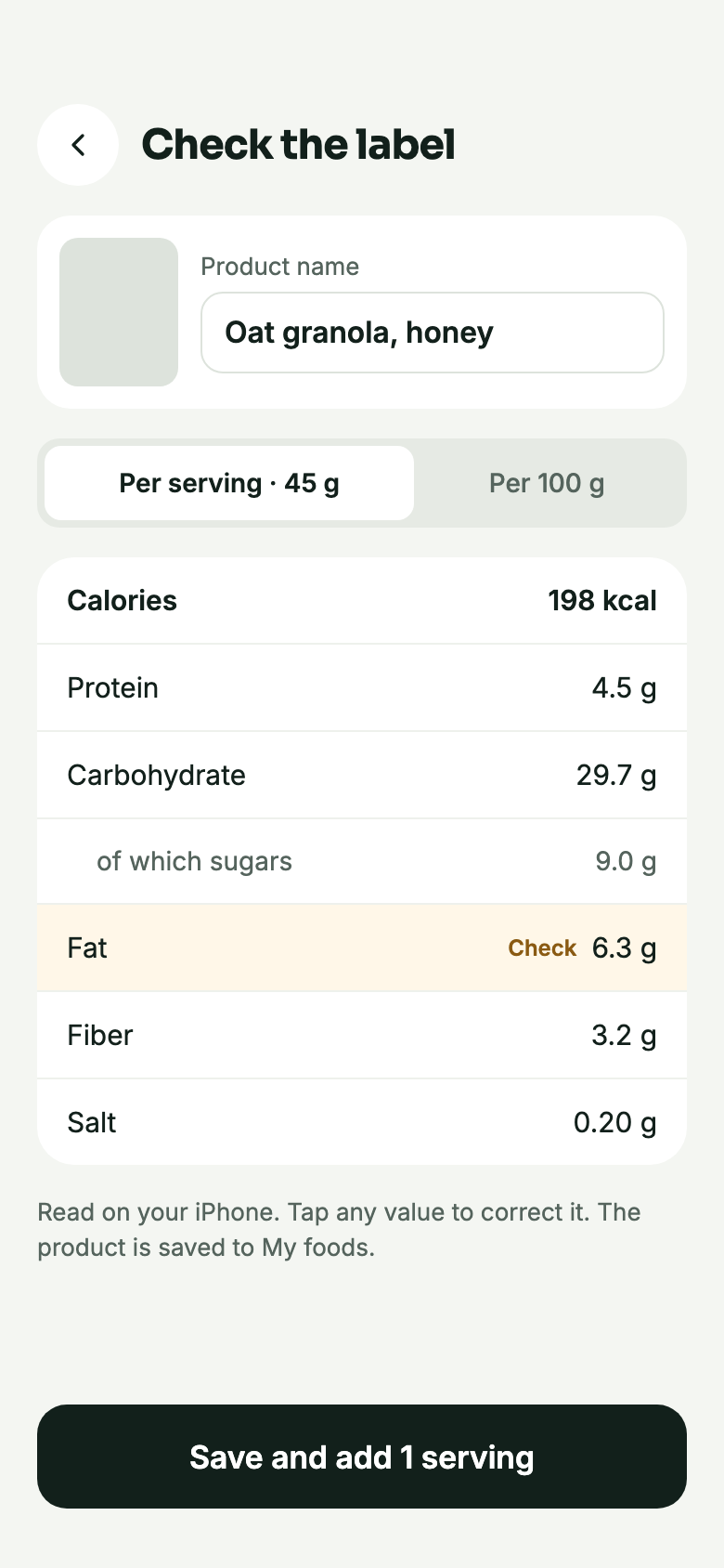 Nutrition label result per serving and per 100 g, with the fat value marked to check.