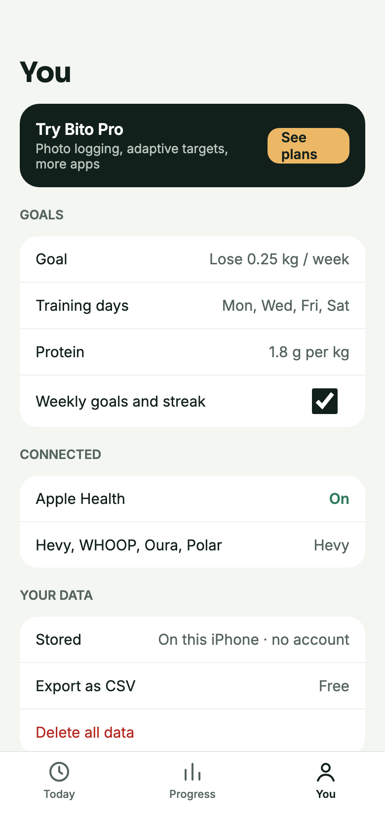 Settings: goals, training days, protein, connected apps, CSV export and delete all data.