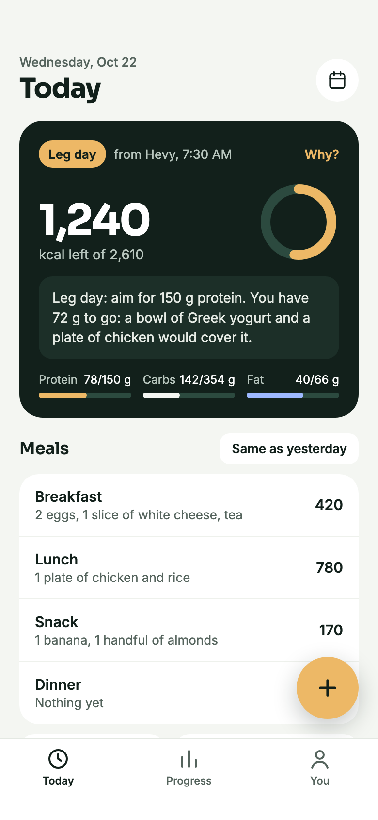 Today screen: a leg day from Hevy, 1,240 kcal left of 2,610, a protein suggestion, macro bars and the day's meals.