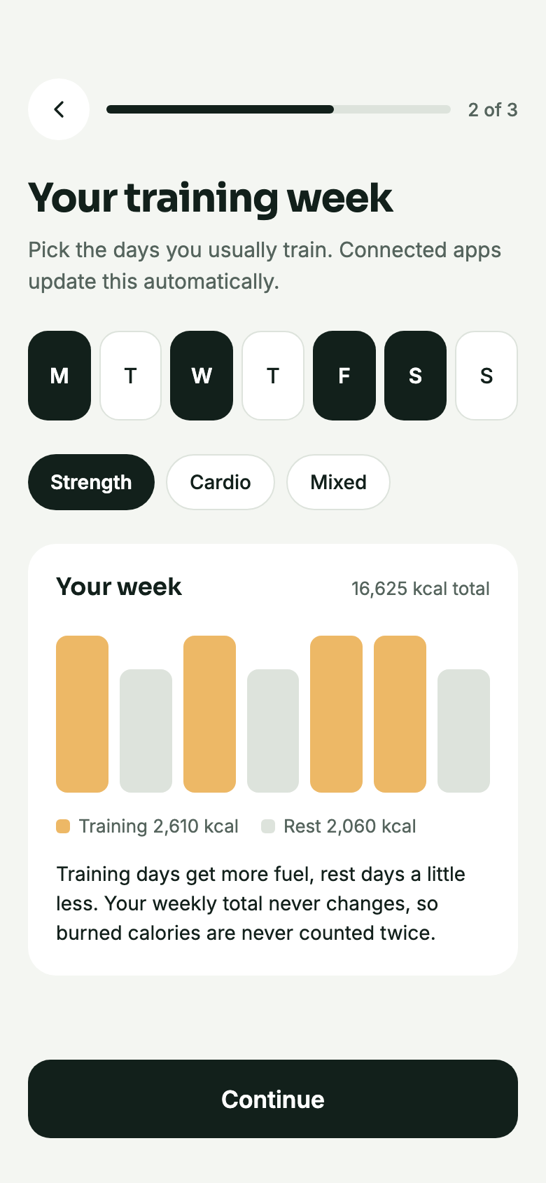 Training week setup: training days picked, and the week split into training and rest day targets.